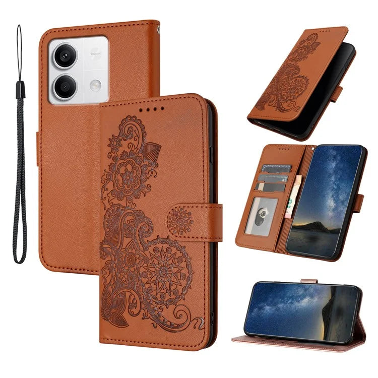 YX0050 For Xiaomi Redmi Note 13 4G Wallet Case Flower Pattern Imprinted Leather Phone Cover