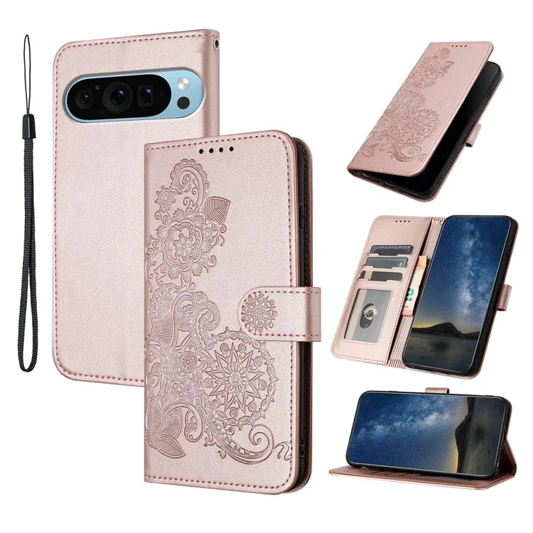 YX0050 For Google Pixel 9 Pro Wallet Phone Case Flower Pattern Imprinted Leather Flip Cover