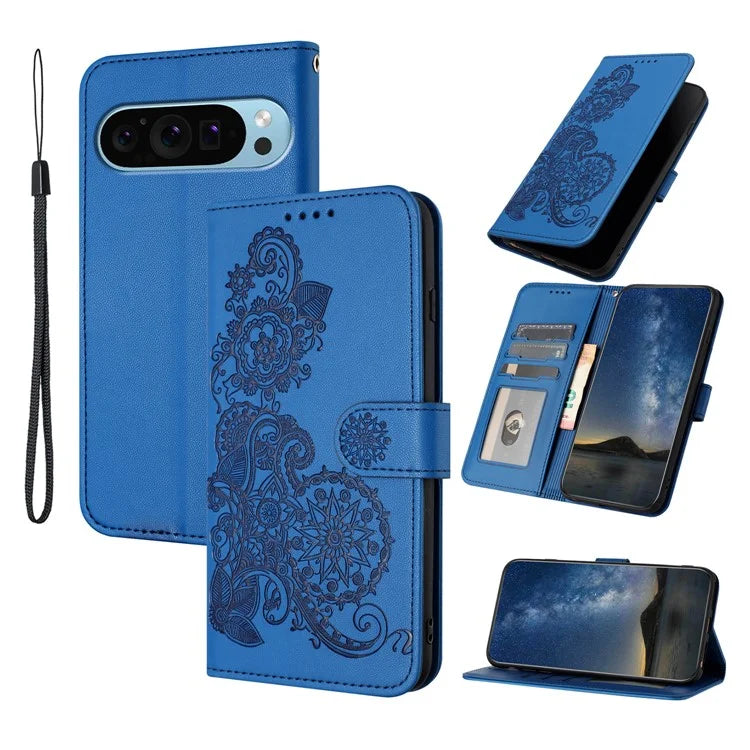 YX0050 For Google Pixel 9 Pro Wallet Phone Case Flower Pattern Imprinted Leather Flip Cover