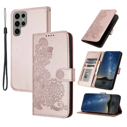 YX0050 For Samsung Galaxy S24 Ultra Phone Case Flower Pattern Imprinted Leather Cover