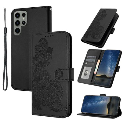 YX0050 For Samsung Galaxy S24 Ultra Phone Case Flower Pattern Imprinted Leather Cover