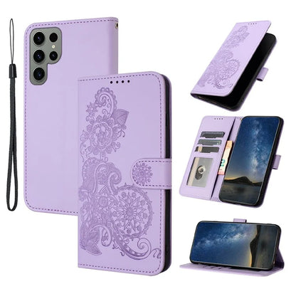 YX0050 For Samsung Galaxy S24 Ultra Phone Case Flower Pattern Imprinted Leather Cover