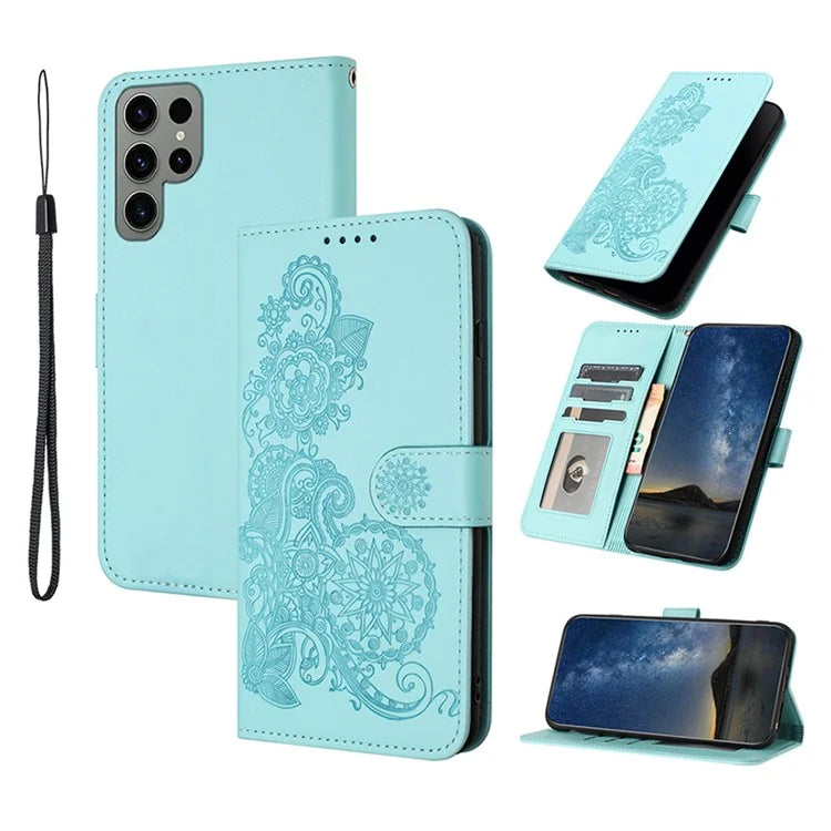 YX0050 For Samsung Galaxy S24 Ultra Phone Case Flower Pattern Imprinted Leather Cover