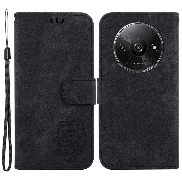 For Xiaomi Redmi A3 Case Leather Protective Cover Tiger Imprint Phone Shell with Hand Strap