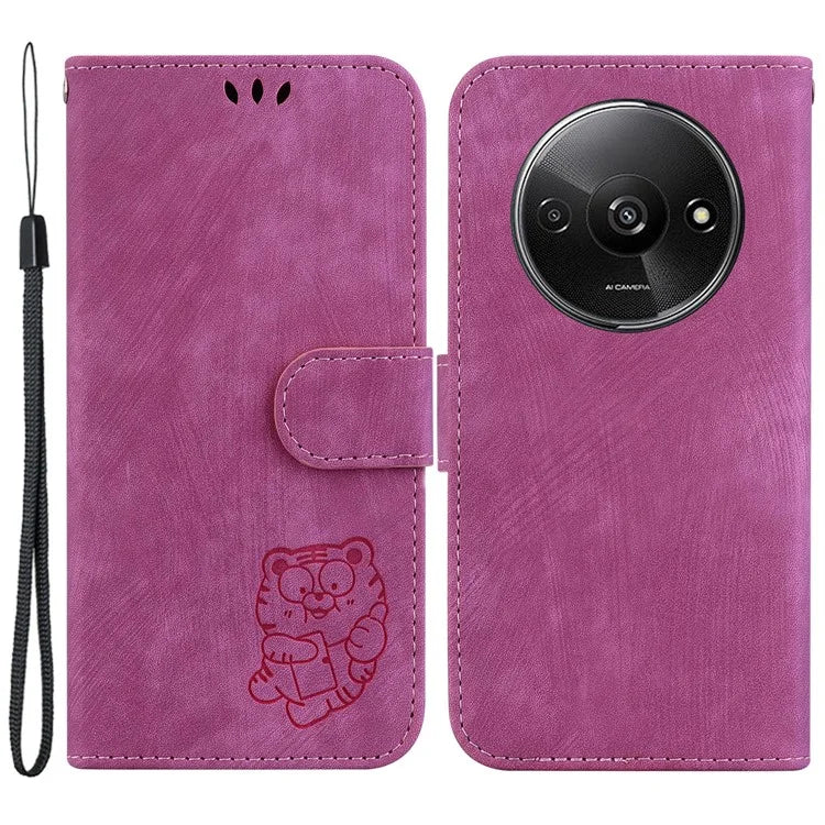 For Xiaomi Redmi A3 Case Leather Protective Cover Tiger Imprint Phone Shell with Hand Strap