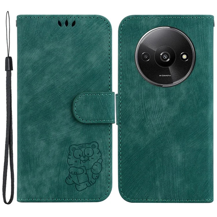 For Xiaomi Redmi A3 Case Leather Protective Cover Tiger Imprint Phone Shell with Hand Strap