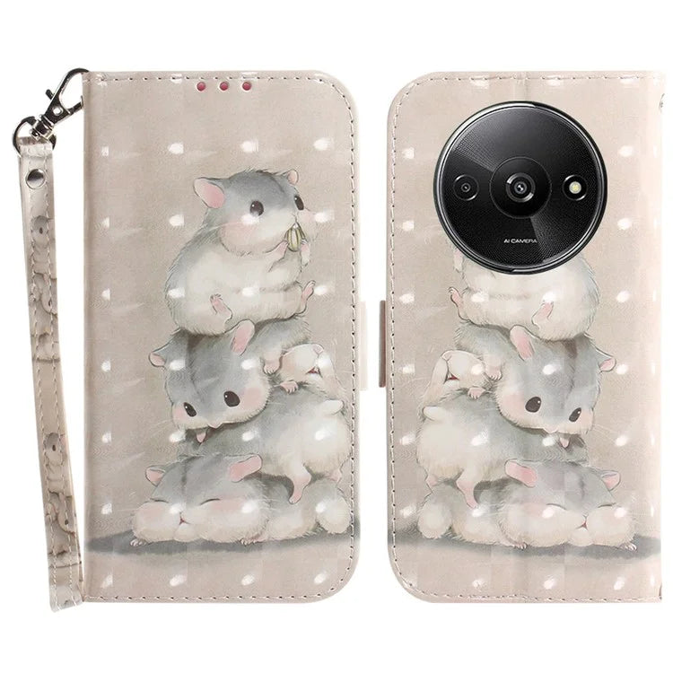 For Xiaomi Redmi A3 Case Pattern Printed Leather Phone Cover with Strap