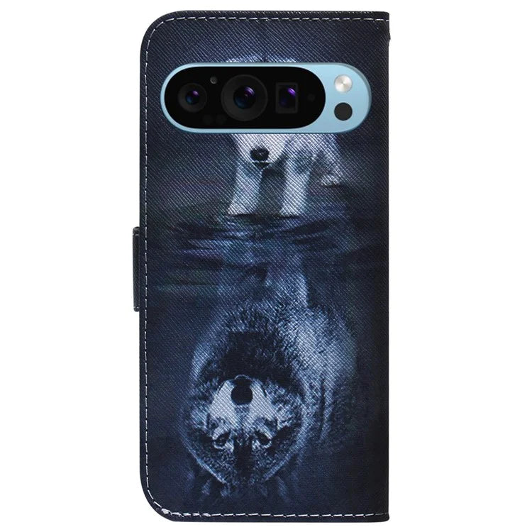 For Google Pixel 9 Pro Mobile Phone Leather Case Pattern Printing Stand Shell and Wolf