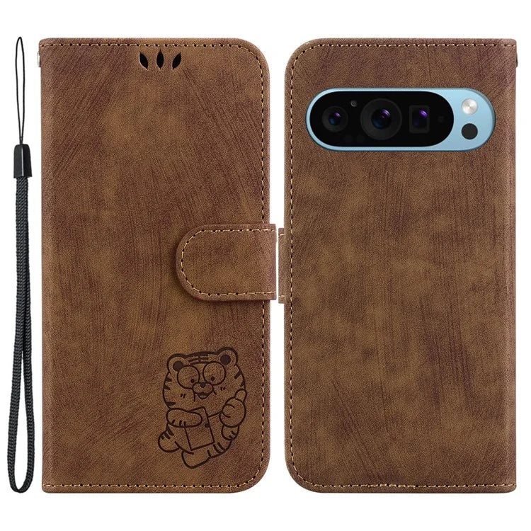 For Google Pixel 9 Pro Case Cute Tiger Imprint Leather Wallet Drop-proof Phone Cover
