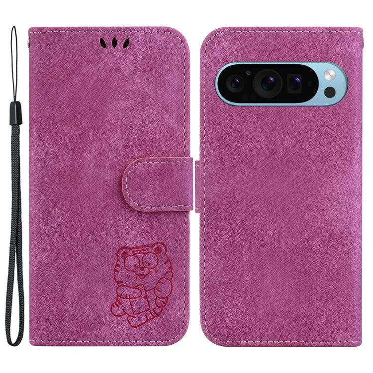 For Google Pixel 9 Pro Case Cute Tiger Imprint Leather Wallet Drop-proof Phone Cover