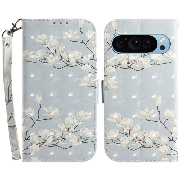 For Google Pixel 9 Phone Case Pattern Printed Anti-Drop Leather Folio Flip Cover with Strap