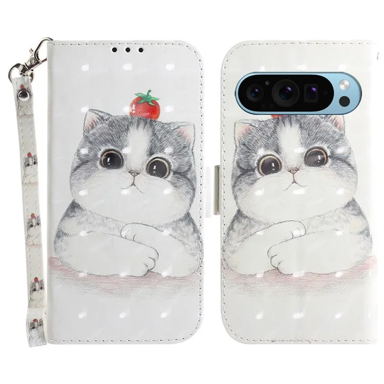 For Google Pixel 9 Phone Case Pattern Printed Anti-Drop Leather Folio Flip Cover with Strap