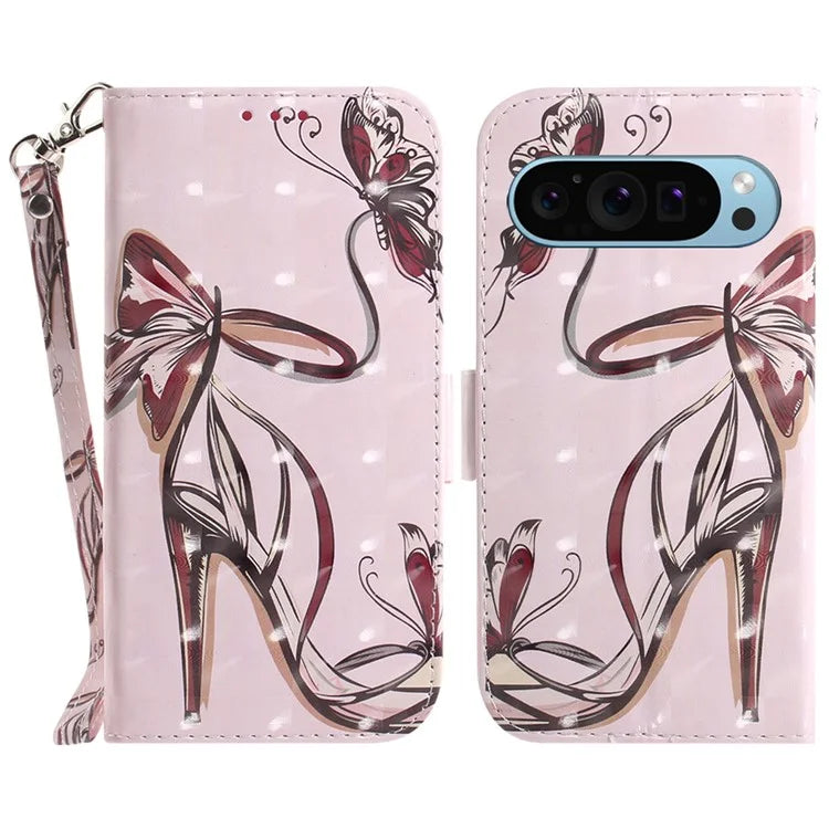 For Google Pixel 9 Phone Case Pattern Printed Anti-Drop Leather Folio Flip Cover with Strap