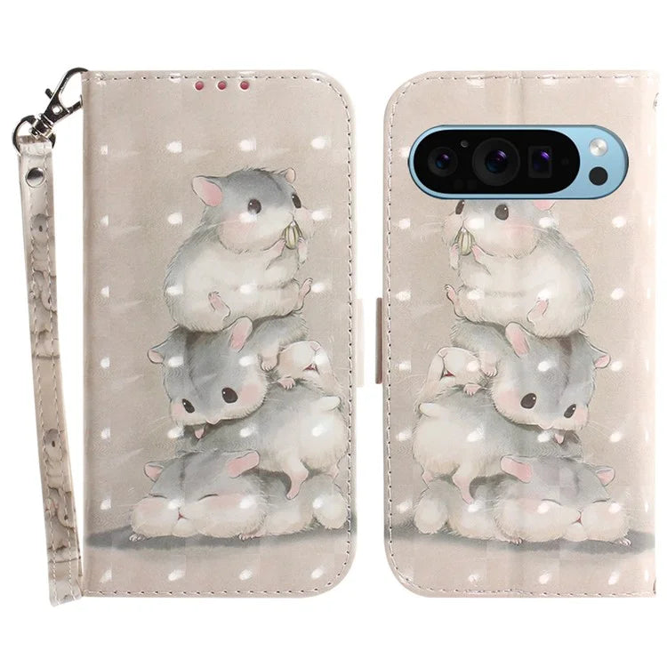 For Google Pixel 9 Phone Case Pattern Printed Anti-Drop Leather Folio Flip Cover with Strap