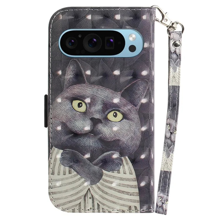 For Google Pixel 9 Phone Case Pattern Printed Anti-Drop Leather Folio Flip Cover with Strap