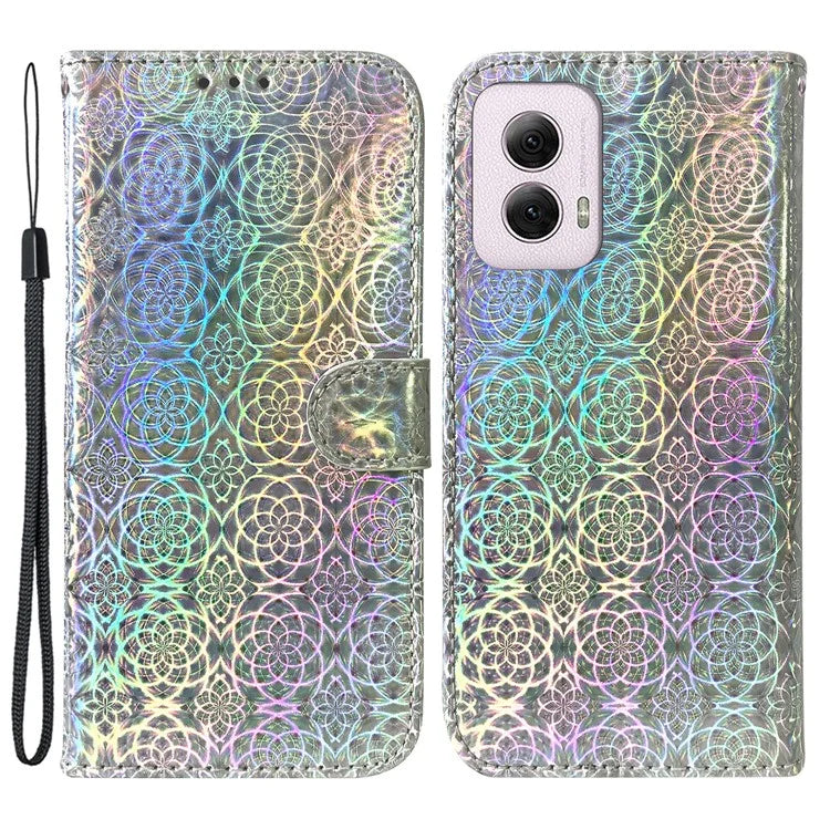 For Motorola Moto G Power (2024) Case with Card Slots Wrist Strap PU Leather Dazzling Flower Phone Cover