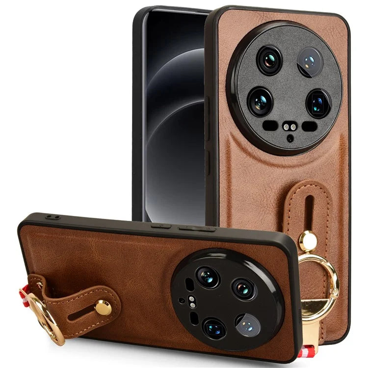 For Xiaomi 14 Ultra Case PU Leather+PC+TPU Wristband Kickstand Drop-proof Phone Cover