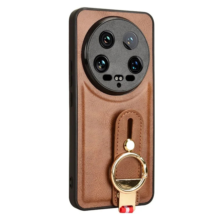 For Xiaomi 14 Ultra Case PU Leather+PC+TPU Wristband Kickstand Drop-proof Phone Cover