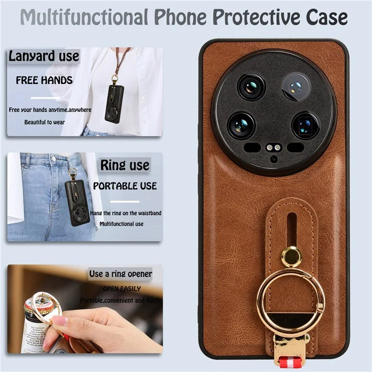 For Xiaomi 14 Ultra Case PU Leather+PC+TPU Wristband Kickstand Drop-proof Phone Cover