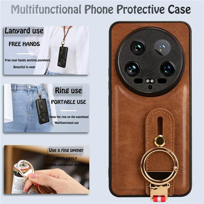 For Xiaomi 14 Ultra Case PU Leather+PC+TPU Wristband Kickstand Drop-proof Phone Cover