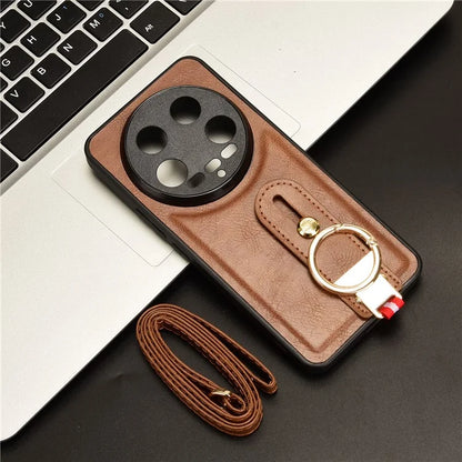 For Xiaomi 14 Ultra Case PU Leather+PC+TPU Wristband Kickstand Drop-proof Phone Cover