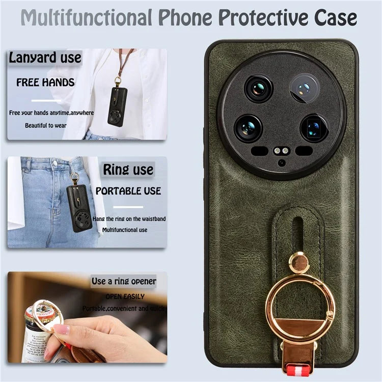For Xiaomi 14 Ultra Case PU Leather+PC+TPU Wristband Kickstand Drop-proof Phone Cover