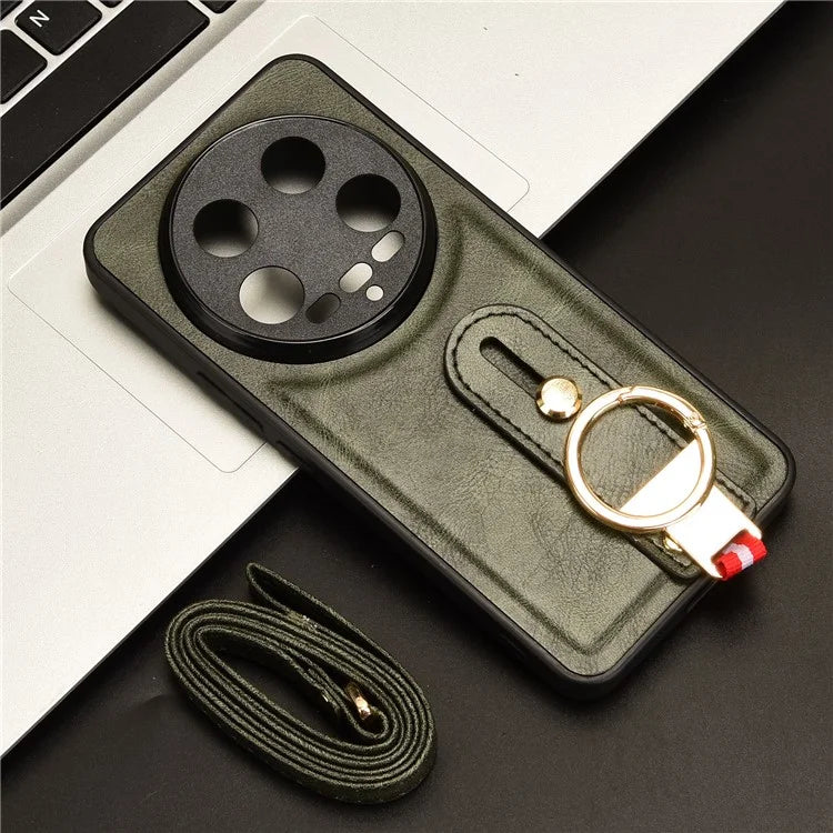 For Xiaomi 14 Ultra Case PU Leather+PC+TPU Wristband Kickstand Drop-proof Phone Cover