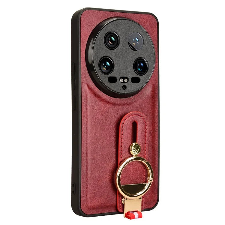 For Xiaomi 14 Ultra Case PU Leather+PC+TPU Wristband Kickstand Drop-proof Phone Cover