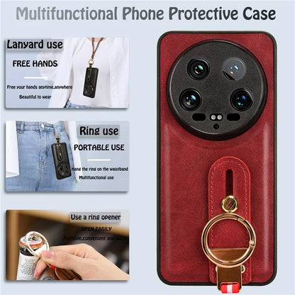 For Xiaomi 14 Ultra Case PU Leather+PC+TPU Wristband Kickstand Drop-proof Phone Cover