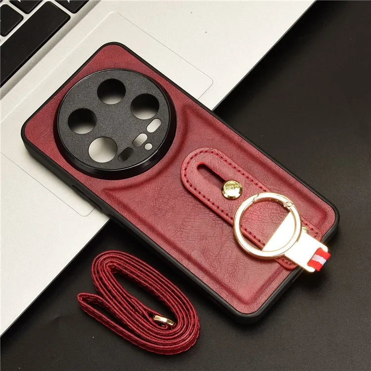For Xiaomi 14 Ultra Case PU Leather+PC+TPU Wristband Kickstand Drop-proof Phone Cover