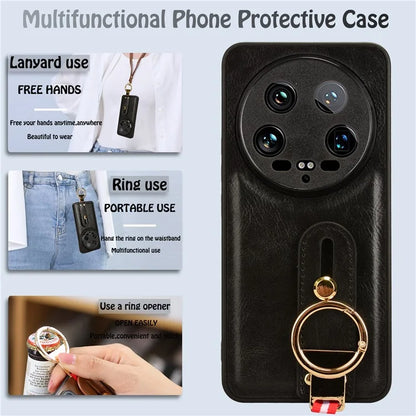 For Xiaomi 14 Ultra Case PU Leather+PC+TPU Wristband Kickstand Drop-proof Phone Cover