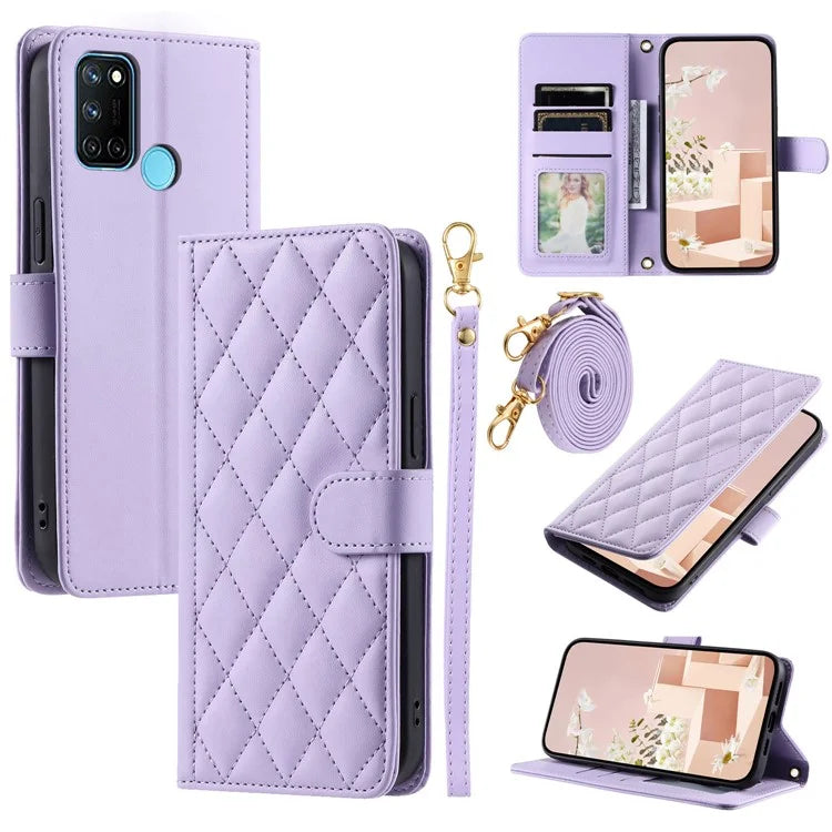 For Realme 7i (Global) / C17 Crossbody Case Rhombus Pattern Stand Function Leather Phone Cover