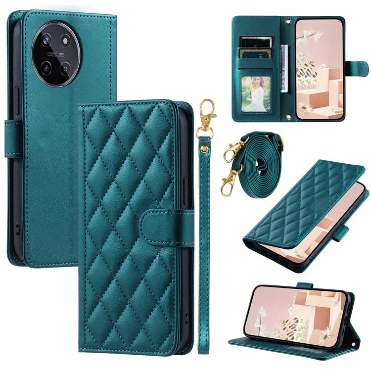 For Realme 11 4G (159.9x73.3x7.95mm) Case PU Leather Rhombus Grid Phone Cover with Crossbody Lanyard