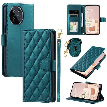 For Realme 11 4G (159.9x73.3x7.95mm) Case PU Leather Rhombus Grid Phone Cover with Crossbody Lanyard