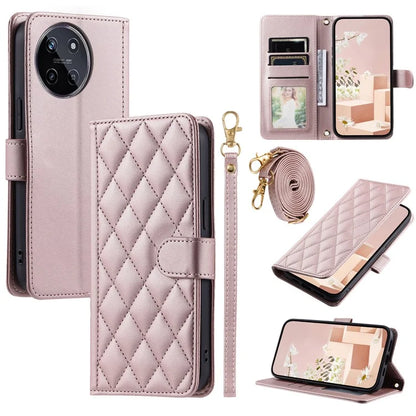 For Realme 11 4G (159.9x73.3x7.95mm) Case PU Leather Rhombus Grid Phone Cover with Crossbody Lanyard