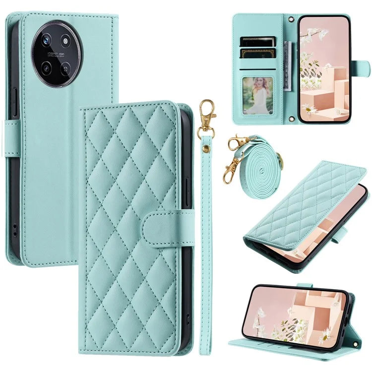 For Realme 11 4G (159.9x73.3x7.95mm) Case PU Leather Rhombus Grid Phone Cover with Crossbody Lanyard