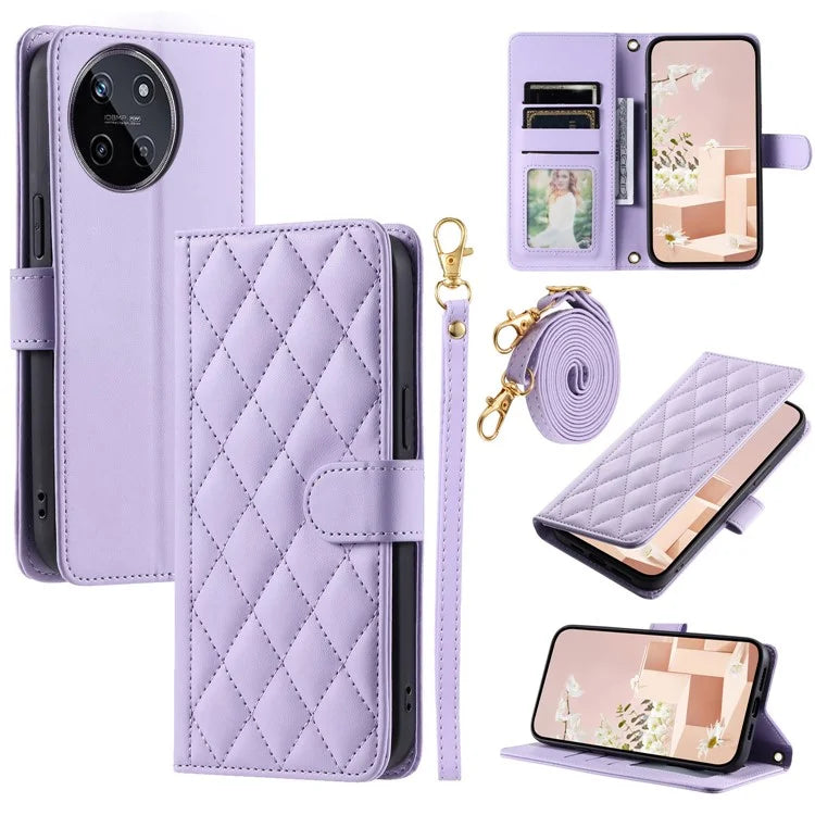 For Realme 11 4G (159.9x73.3x7.95mm) Case PU Leather Rhombus Grid Phone Cover with Crossbody Lanyard