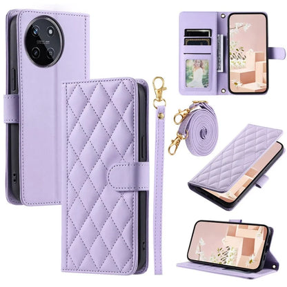 For Realme 11 4G (159.9x73.3x7.95mm) Case PU Leather Rhombus Grid Phone Cover with Crossbody Lanyard