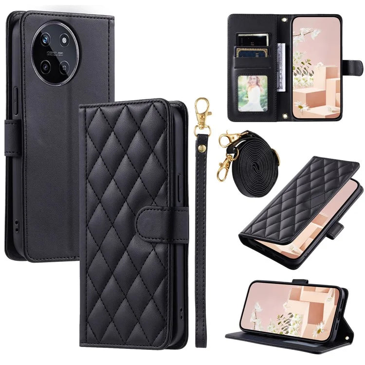 For Realme 11 4G (159.9x73.3x7.95mm) Case PU Leather Rhombus Grid Phone Cover with Crossbody Lanyard