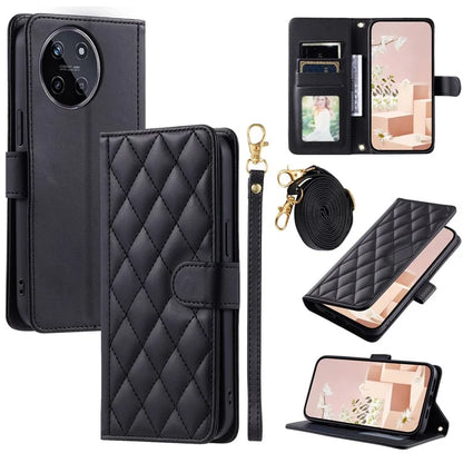For Realme 11 4G (159.9x73.3x7.95mm) Case PU Leather Rhombus Grid Phone Cover with Crossbody Lanyard