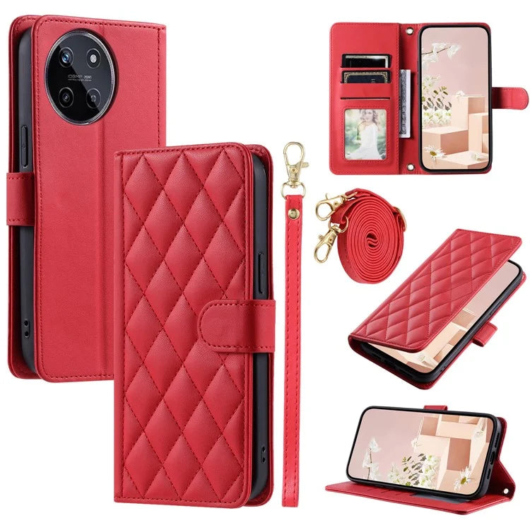 For Realme 11 4G (159.9x73.3x7.95mm) Case PU Leather Rhombus Grid Phone Cover with Crossbody Lanyard