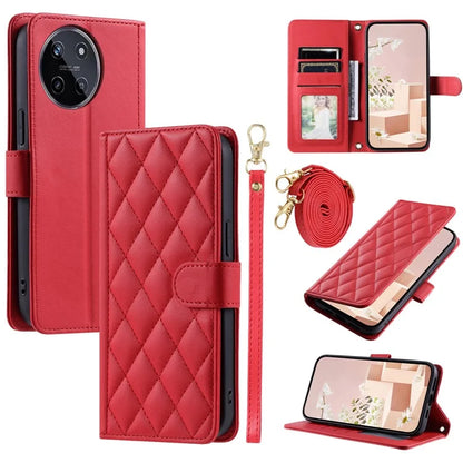 For Realme 11 4G (159.9x73.3x7.95mm) Case PU Leather Rhombus Grid Phone Cover with Crossbody Lanyard