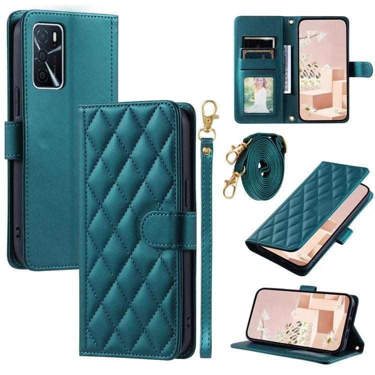 Wallet Case for Oppo A16 / A16s / A55 / A55 5G / A54 4G / A54s / A56 5G / Realme V11 5G , Rhombus Grid Card Holder Leather Phone Cover