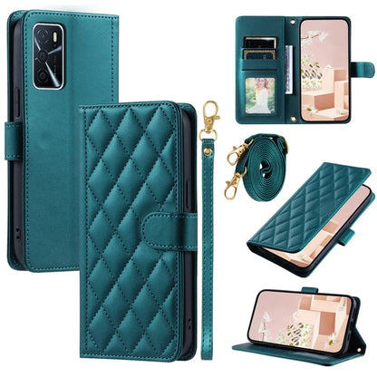 Wallet Case for Oppo A16 / A16s / A55 / A55 5G / A54 4G / A54s / A56 5G / Realme V11 5G , Rhombus Grid Card Holder Leather Phone Cover