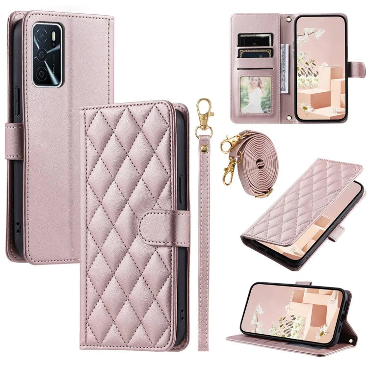 Wallet Case for Oppo A16 / A16s / A55 / A55 5G / A54 4G / A54s / A56 5G / Realme V11 5G , Rhombus Grid Card Holder Leather Phone Cover