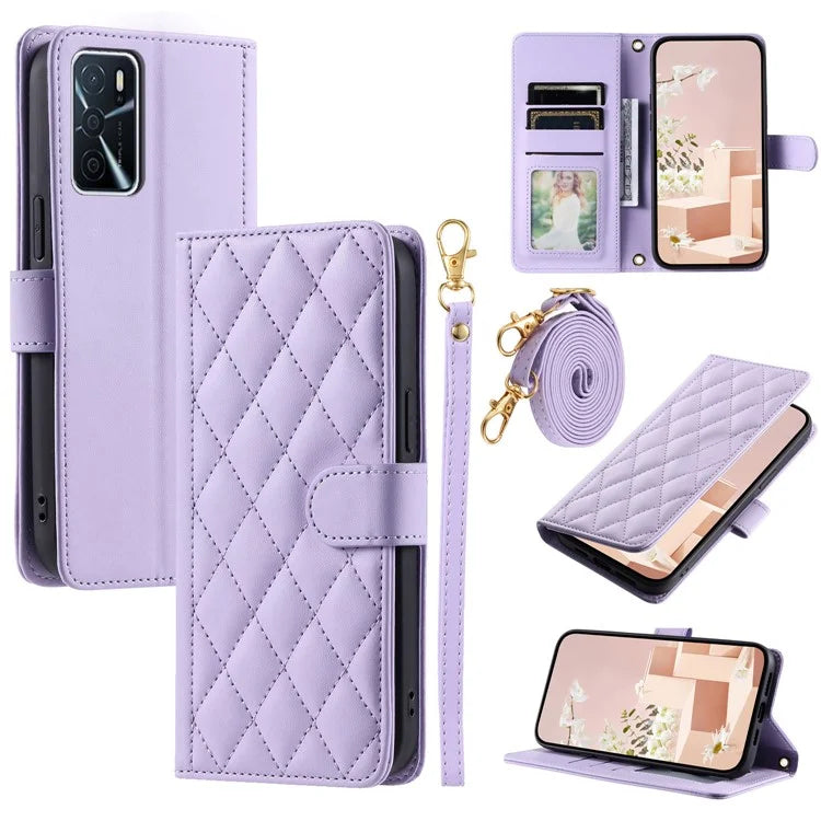 Wallet Case for Oppo A16 / A16s / A55 / A55 5G / A54 4G / A54s / A56 5G / Realme V11 5G , Rhombus Grid Card Holder Leather Phone Cover