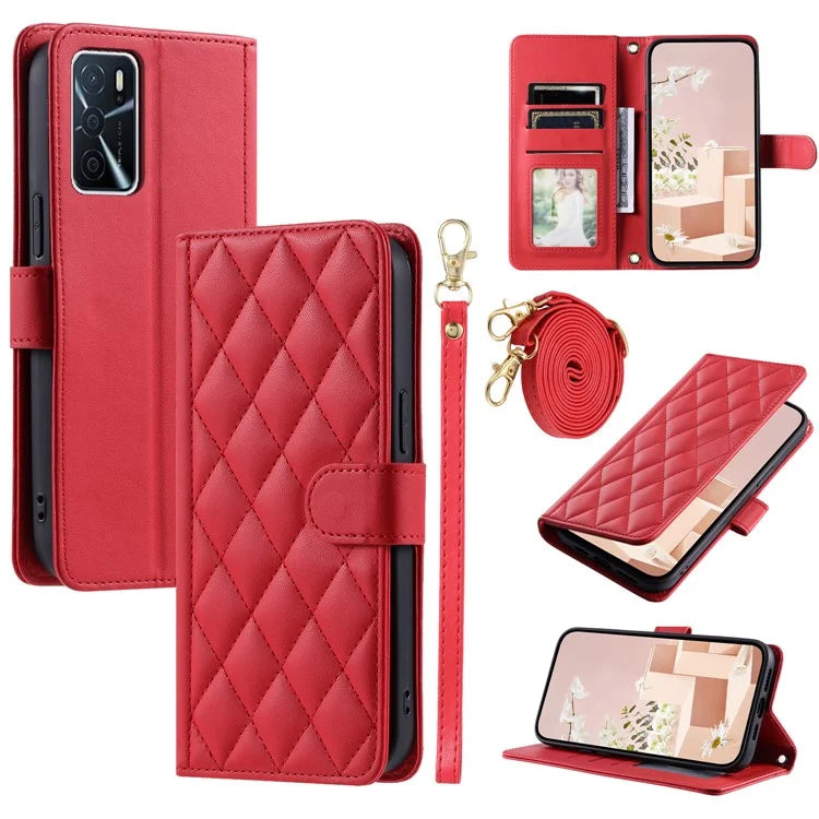 Wallet Case for Oppo A16 / A16s / A55 / A55 5G / A54 4G / A54s / A56 5G / Realme V11 5G , Rhombus Grid Card Holder Leather Phone Cover