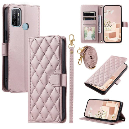 Crossbody Case for Oppo A53 (2020) / A32 (2020) / A53s 4G / A33 (2020) / A11s , Rhombus Grid PU Leather Folio Phone Cover