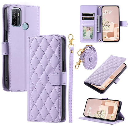 Crossbody Case for Oppo A53 (2020) / A32 (2020) / A53s 4G / A33 (2020) / A11s , Rhombus Grid PU Leather Folio Phone Cover
