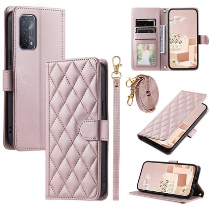 For Oppo A93 5G / A93s 5G / A74 5G / A54 5G Case with Crossbody Lanyard PU Leather Rhombus Grid Stand Phone Cover